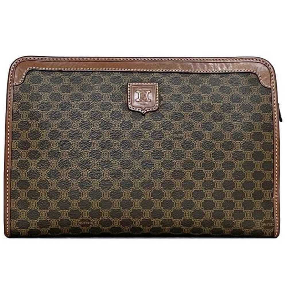 Celine clutch bag Brown Macadam Shoulder Leather Zip Compact Handbag Retro